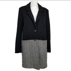 Barneys New York Wool Blend Colorblock Coat – Black & Gray Herringbone, Sz Small